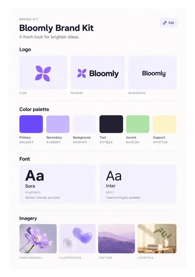 A brand kit with logo, color palette, and fonts