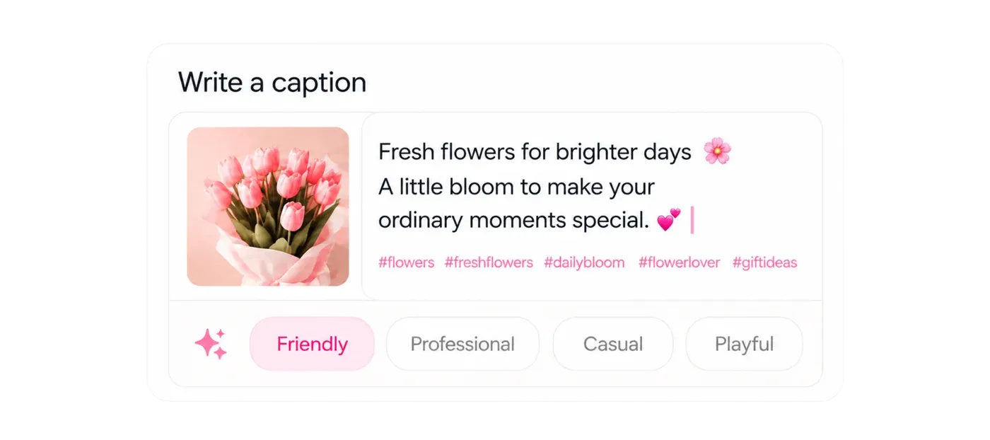 A caption editor offering tone options like Friendly and Professional