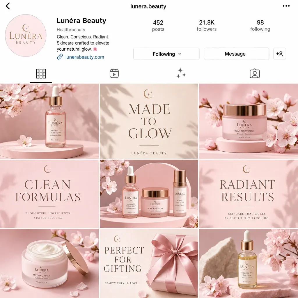 A feed of nine posts sharing one consistent brand identity
