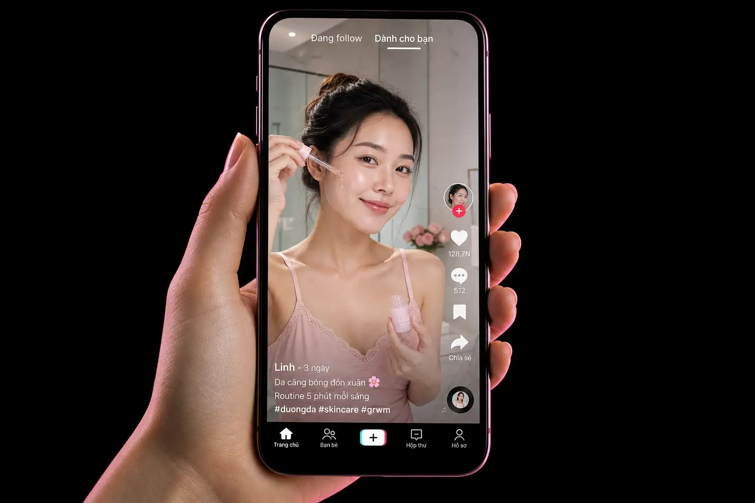 Video làm đẹp đang phát trong feed mạng xã hội trên điện thoại