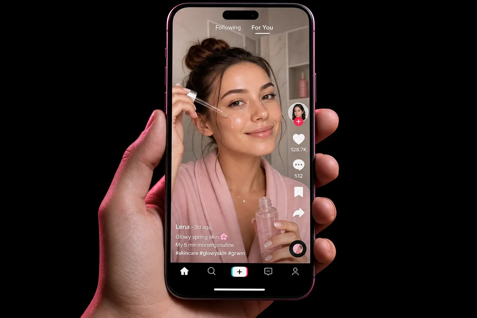 A beauty routine video playing in a social feed on a phone