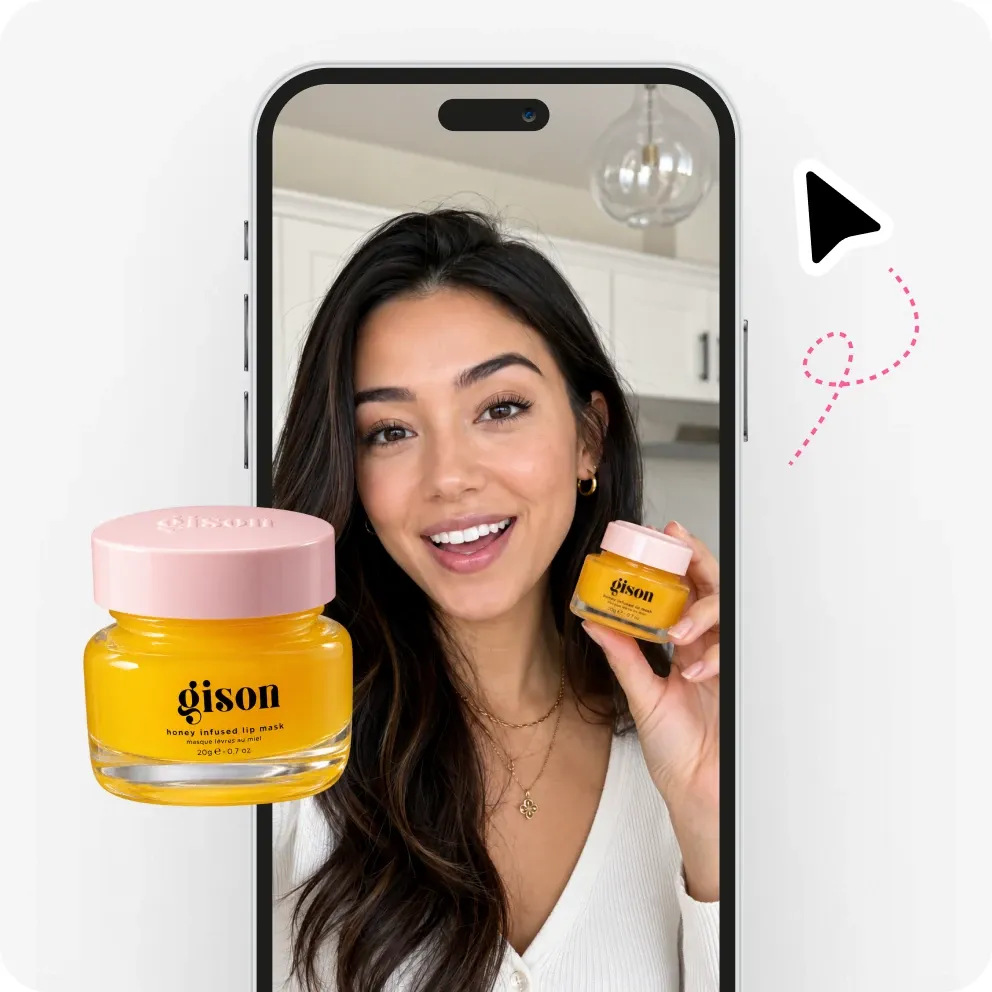 A phone showing an AI-generated UGC video presenting a skincare product