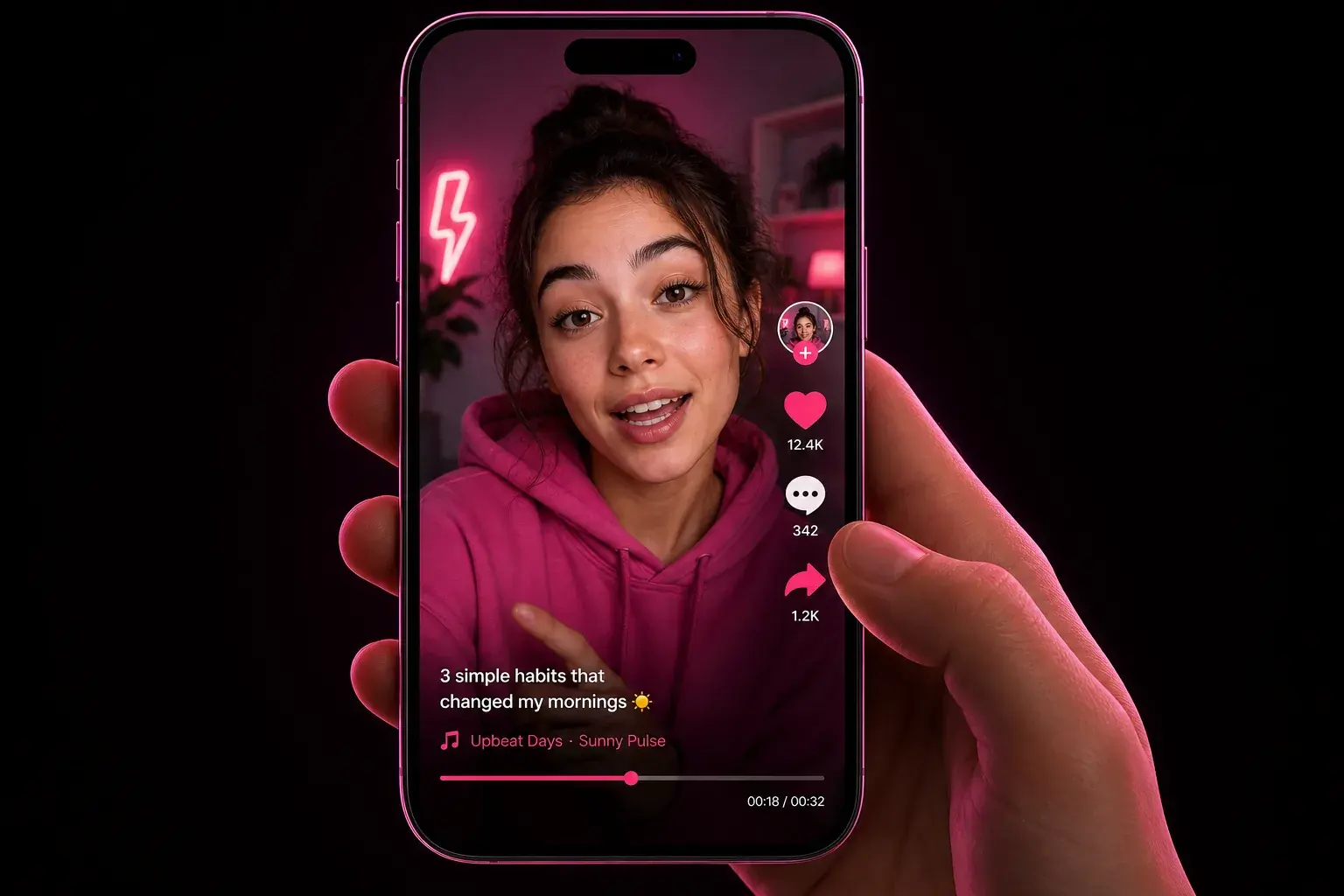 A phone playing a short-form video in a social feed