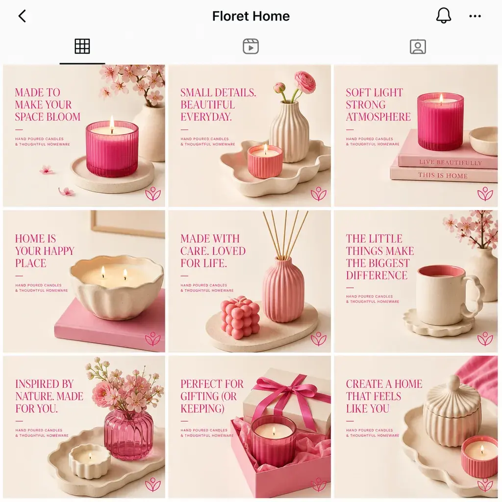 A feed of nine posts sharing one consistent brand identity