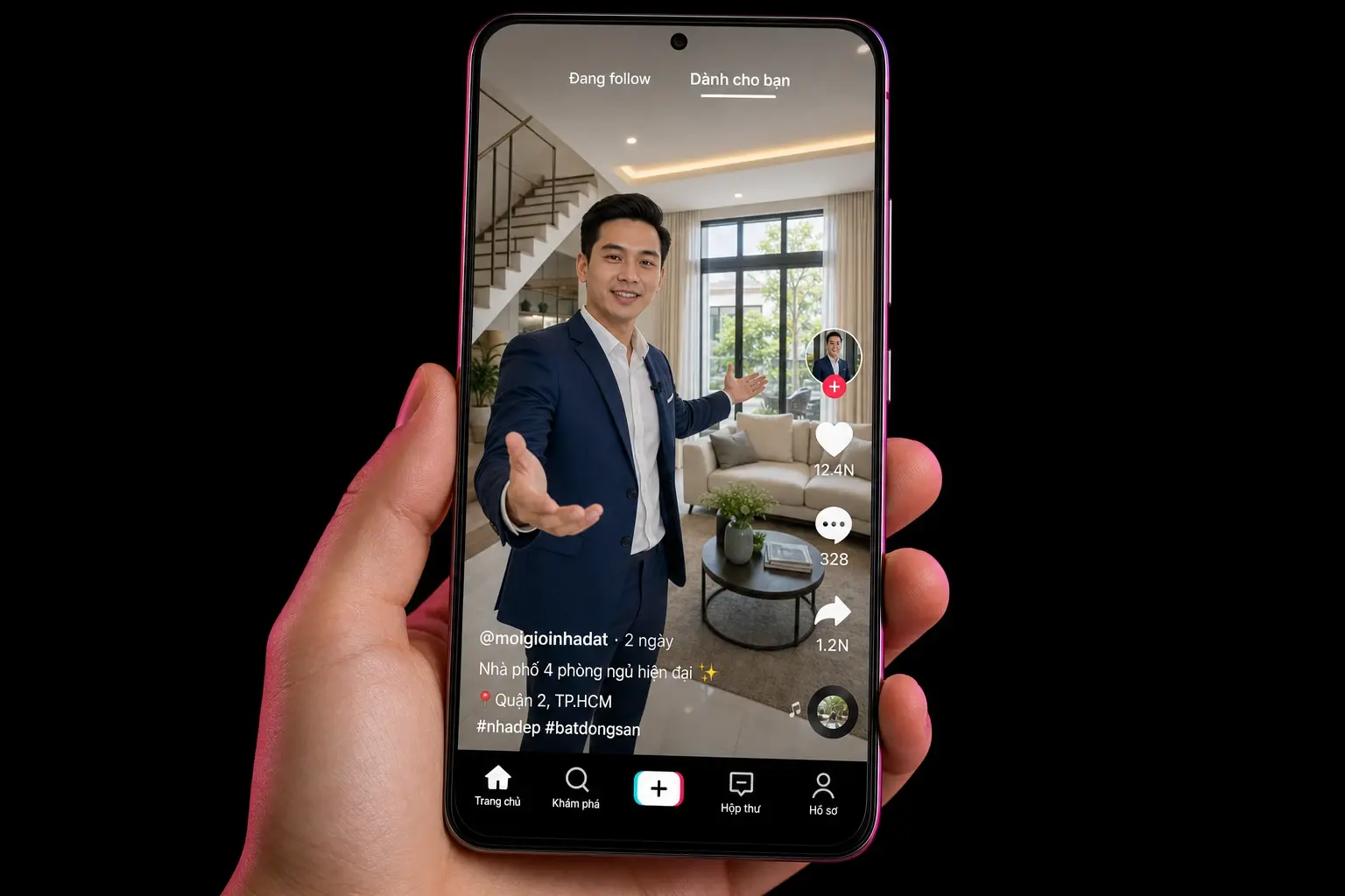 Video tour bất động sản đang phát trong feed mạng xã hội trên điện thoại