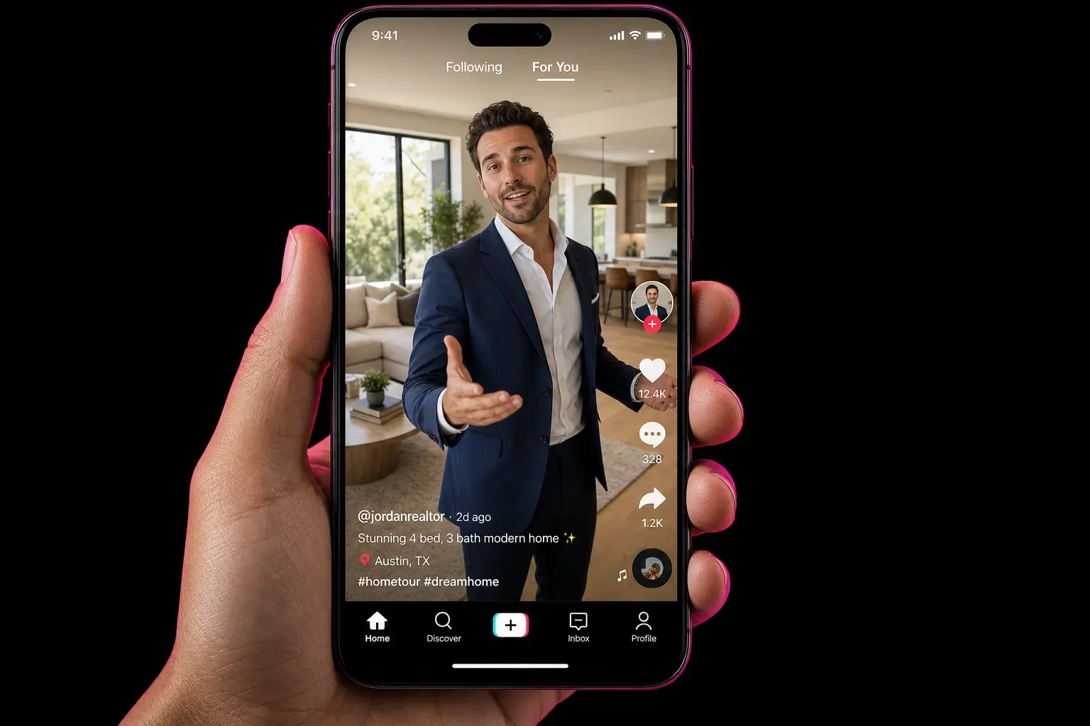 A property tour playing in a social media feed on a phone